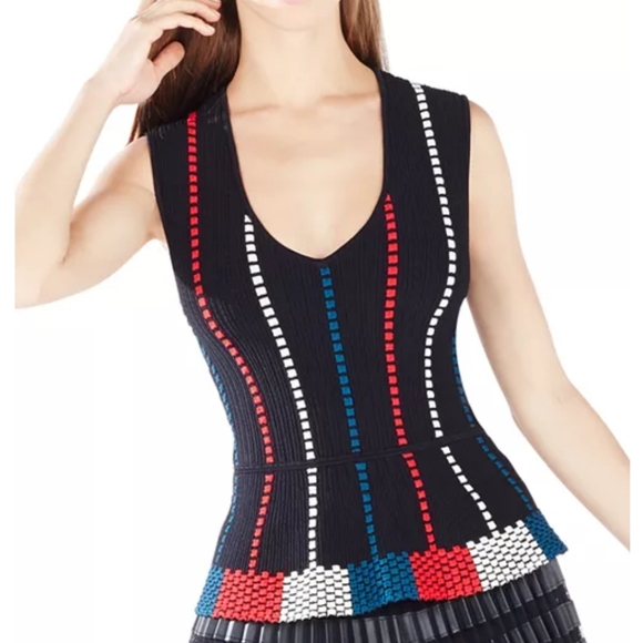 BCBGMAXAZRIA Laure Geometric Knit Jacquard Peplum Top - Picture 3 of 17